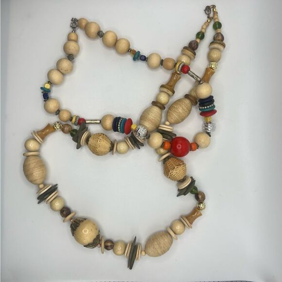 Set of 2 Wooden Beaded Statement Necklaces - Vintage - Picture 3 of 13